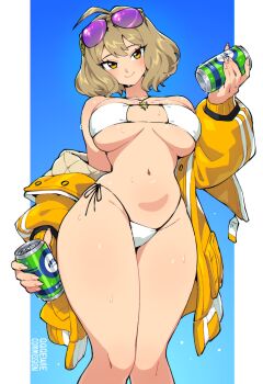 1girl absurdres anis_(nikke) aviator_sunglasses bikini brown_hair can commentary commission drink_can english_commentary eyepatch_bikini eyewear_on_head goddess_of_victory:_nikke highres holding holding_can jacket jewelry necklace official_alternate_costume pink-tinted_eyewear qewie second-party_source soda_can solo star_(symbol) star_necklace sunglasses swimsuit tinted_eyewear white_bikini yellow_jacket