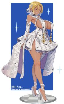 1girl ayaki blonde_hair breast_curtains breasts checkered_floor commentary_request commission dark-skinned_female dark_skin dress earrings flower hair_between_eyes hair_flower hair_ornament high_heels highres jewelry large_breasts original purple_eyes shoes short_hair skeb_commission sleeves_past_fingers sleeves_past_wrists smile solo white_dress white_flower white_shoes white_sleeves