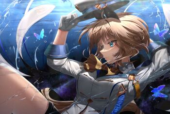 1girl amekudaki animal_ears ascot black_shorts blue_cape blue_eyes blush breasts brown_hair bug butterfly cape cheval_grand_(grand_itineraire)_(umamusume) cheval_grand_(umamusume) closed_mouth commentary_request ear_covers gloves hair_between_eyes hat hat_belt highres holding holding_unworn_clothes holding_unworn_hat horse_ears horse_girl horse_tail insect jacket long_hair medium_breasts multicolored_hair peaked_cap shorts single_glove solo streaked_hair tail umamusume unworn_hat unworn_headwear water white_hair white_hat white_jacket yellow_ascot