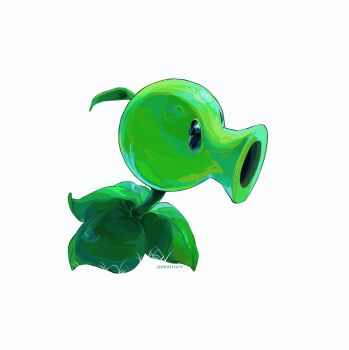 Rule 34 | artist name, backlighting, ben-day dots, black eyes, commentary, film grain, from side, full body, highres, hightguy, leaf, looking ahead, no humans, peashooter (plants vs. zombies), plant, plant focus, plants vs. zombies, screentones, solid oval eyes, solo, symbol-only commentary, white background