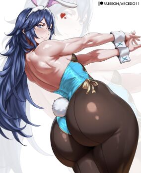 Rule 34 | 1girl, absurdres, animal ears, arcedo, ass, blue eyes, blue hair, blue leotard, breasts, detached collar, fake animal ears, fire emblem, fire emblem awakening, hair between eyes, highres, huge ass, leotard, long hair, looking at viewer, lucina (fire emblem), muscular, muscular female, nintendo, pantyhose, playboy bunny, rabbit ears, small breasts, smile, solo, strapless, strapless leotard, thighs