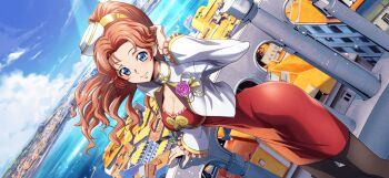 1girl artist_request black_pantyhose blue_eyes blue_sky blush breasts city cleavage closed_mouth cloud code_geass code_geass:_lost_stories code_geass:_soubou_no_oz covered_navel cropped_jacket day dress dutch_angle female_focus flower forehead game_cg gold gold_trim hair_intakes hand_up happy hat high_ponytail highres jacket light_blush light_rays long_hair long_sleeves looking_at_viewer marrybell_mel_britannia medium_breasts mini_hat non-web_source official_art open_clothes open_jacket orange_hair outdoors pantyhose pink_flower pink_rose ponytail railing red_dress rose sky smile solo standing sunlight tilted_headwear white_hat white_jacket