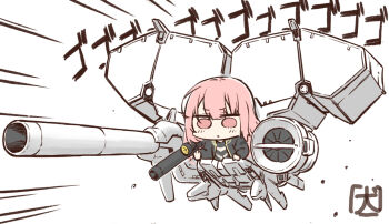 1girl akanotanin13 arknights bazooka_(gundam) cannon chibi dendrobium_schema gundam gundam_0083 holding holding_weapon lemuen_(arknights) pink_eyes pink_hair weapon white_background