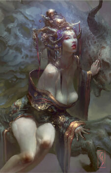 1girl 1other black_hair chinese_clothes christian_angel grey_background hair_ornament highres horns long_hair monster nail_polish original revealing_clothes sitting_on_arm