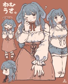Rule 34 | 1girl, :3, :o, animal ears, arms behind back, bare shoulders, blue hair, blue shorts, blush, breasts, brown eyes, cleavage, closed eyes, cropped legs, cropped shirt, curly hair, curvy, denim, denim shorts, dot nose, ebiebi, floppy ears, flower, frilled shirt, frilled sleeves, frills, from side, full body, hair flower, hair ornament, hand up, hands up, handup, happy, highres, jewelry, limited palette, long hair, long skirt, long sleeves, looking at viewer, looking to the side, medium breasts, midriff, multiple views, navel, neck ribbon, necklace, original, rabbit ears, red nails, red ribbon, red skirt, red theme, ribbon, shirt, short shorts, shorts, sideways mouth, skirt, smile, straight-on, tears, thick thighs, thighs, translation request, white shirt