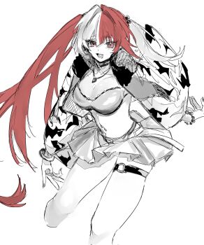 1girl bra bracelet breasts cleavage cropped_legs fang fate/grand_order fate_(series) highres jewelry large_breasts long_hair matsunaga_hisahide_(fate) miniskirt multicolored_hair necklac3 o-ring o-ring_thigh_strap open_mouth piercing red_eyes red_hair skirt solo teeth thigh_strap tse9qtcede40385 twintails two-tone_hair underwear very_long_hair white_hair