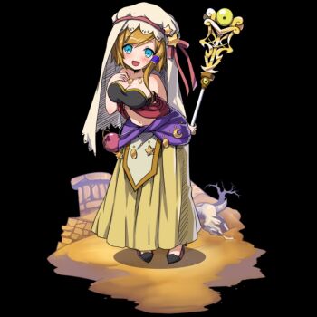 1girl :d aqua_eyes arm_behind_back bandeau bare_shoulders bare_tree black_background blonde_hair blush breasts cleavage full_body hand_on_own_chest high_heels highres holding holding_staff jewelry large_breasts long_skirt merc_storia merc_storia_art_team navel necklace official_art open_mouth red_ribbon ribbon sidelocks simple_background skirt smile solo staff standing tachi-e tree wendy_(merc_storia) yellow_skirt