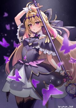 1girl antenna_hair black_bow black_capelet black_dress blonde_hair bow breasts bug butterfly capelet commentary cure_arcana_shadow diamond_hairband dress frilled_capelet frills gradient_hair hair_intakes highres holding holding_rod iffyru insect long_hair looking_at_viewer magical_girl meitantei_precure! moria_luluka multicolored_hair precure purple_butterfly purple_eyes purple_hair rod small_breasts solo tear_arcana_rod