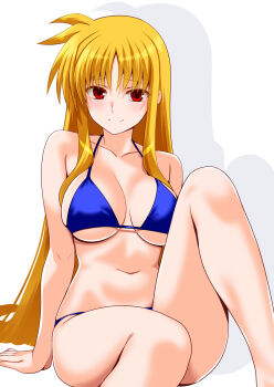 1girl bikini blonde_hair blue_bikini blue_eyes breasts engo_(aquawatery) fate_testarossa feet_out_of_frame highres large_breasts long_hair looking_at_viewer lyrical_nanoha mahou_shoujo_lyrical_nanoha_strikers sitting smile solo swimsuit white_background
