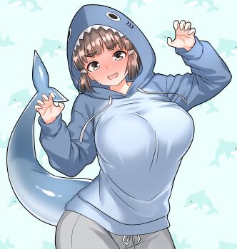 1girl :d absurdres animal_hood blue_hoodie blunt_bangs blush breasts brown_hair claw_pose commentary_request fins fish_tail full-face_blush furaggu_(frag_0416) grey_pants hair_ornament hairclip highres hood hood_up hoodie kantai_collection large_breasts long_sleeves looking_at_viewer myoukou_(kancolle) open_mouth pants shark_hood shark_tail short_hair simple_background smile solo standing tail tongue variant_set white_background