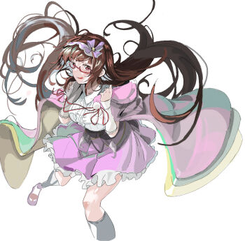 Rule 34 | 1girl, blush, breasts, brown hair, center frills, cloak, commentary request, detached sleeves, fate/grand order, fate (series), frills, glasses, hairband, highres, hood, hooded cloak, kneehighs, large breasts, long hair, looking at viewer, low twintails, open mouth, osakabehime (fate), pink cloak, purple eyes, purple skirt, sharekoube, shirt, skirt, smile, socks, solo, thighs, twintails, very long hair, white shirt