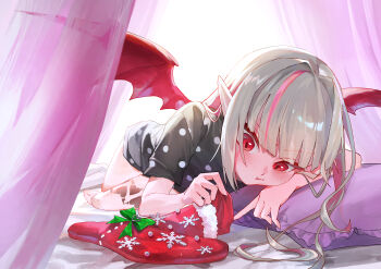 1girl :t absurdres azumazumu bare_legs barefoot bed black_shirt black_shorts blunt_bangs blush canopy_bed christmas_stocking colored_inner_hair commentary_request demon_wings frilled_pillow frills full_body furrowed_brow grey_hair hair_down highres leg_tattoo long_hair looking_at_object looking_down lying makaino_ririmu multicolored_hair nijisanji official_alternate_costume official_alternate_hairstyle on_bed on_stomach pillow pink_hair pink_streaks pointy_ears polka_dot polka_dot_shirt polka_dot_shorts red_eyes red_wings shirt short_shorts short_sleeves shorts sidelocks solo streaked_hair t-shirt tattoo two-tone_hair virtual_youtuber winged_heart winged_heart_tattoo wings