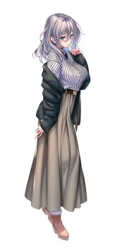 Rule 34 | 1girl, amakano 2, arm at side, belt, black belt, black jacket, blue eyes, blush, breasts, brown shoes, closed mouth, full body, grey hair, grey skirt, hair between eyes, hair down, hand up, jacket, jigokudani sara, large breasts, large variant set, long skirt, long sleeves, looking at viewer, medium hair, mole, mole under eye, off shoulder, official art, open clothes, open jacket, piromizu, shirt, shoes, simple background, skirt, sleeves past wrists, smile, solo, standing, striped clothes, striped shirt, tachi-e, variant set, vertical-striped clothes, vertical-striped shirt, white background, white shirt