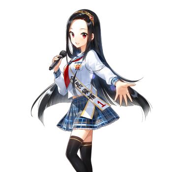 1girl black_hair black_thighhighs blue_sailor_collar blue_skirt breasts clarice_lapis forehead gold_hairband hairband holding holding_microphone long_hair medium_breasts microphone neckerchief outstretched_hand plaid_clothes plaid_sailor_collar plaid_skirt red_eyes red_neckerchief sailor_collar salt_(salty) school_uniform shirt skirt tasuki thighhighs uchi_no_hime-sama_ga_ichiban_kawaii white_shirt