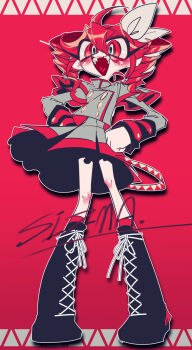 1girl artist_name black_boots blush boots bow breasts commentary_request double-parted_bangs drill_hair full_body grey_hair grey_skirt hair_bow heart heart_in_mouth highres kasane_teto kasane_teto_(sv) knee_boots laughing long_sleeves medium_breasts open_mouth outline pleated_skirt red_background red_eyes red_hair shadow signature simple_background sizma skirt solo synthesizer_v teeth twintails upper_teeth_only utau white_bow