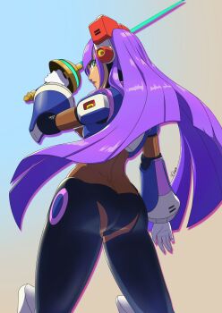 1girl absurdres ass blue_background butt_crack cowboy_shot from_behind gradient_background green_eyes highres holding holding_sword holding_weapon layer_(mega_man) long_hair mega_man_(series) mega_man_x_(series) mole mole_under_eye purple_hair rapier robot_girl simple_background solo sword weapon xtevecb