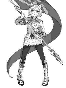 1girl animal_ears boots cat_ears cat_girl chin_bell commentary_request flag full_body greyscale highres holding holding_flag looking_at_viewer mio_(xenoblade) monochrome open_mouth pantyhose pleated_skirt simple_background skirt solo standing v-shaped_eyebrows white_background xenoblade_chronicles_(series) xenoblade_chronicles_3