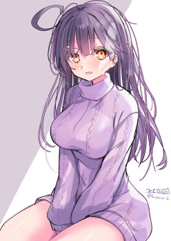 1girl absurdres ahoge black_hair blush breasts brown_eyes hair_between_eyes highres hizaka kantai_collection large_breasts long_hair long_sleeves looking_at_viewer no_pants open_mouth purple_shirt ribbed_shirt shirt signature sitting solo twitter_username ushio_(kancolle)