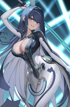 1girl absurdres black_bodysuit black_hair blue_eyes bodysuit breasts cleavage cleavage_cutout clothing_cutout commentary_request gaosu_gong_lu goddess_of_victory:_nikke highres holding holding_sword holding_weapon large_breasts long_hair looking_at_viewer mole mole_under_eye multicolored_bodysuit parted_lips raven_(stellar_blade) raven_suit_(stellar_blade) shift_up silver_bodysuit simple_background skin_tight smile solo stellar_blade sword two-tone_bodysuit very_long_hair weapon
