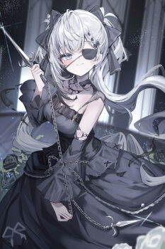 1girl absurdres black_bow black_dress black_flower black_rose black_sleeves blue_eyes blurry blurry_background bow braid braided_bangs breasts chain_weapon closed_mouth commentary detached_sleeves dress eyepatch flower frilled_dress frills grey_hair haidollo hair_bow highres holding holding_weapon hololive hololive_indonesia long_hair looking_at_viewer medium_breasts official_alternate_costume official_alternate_hairstyle rose sleeveless sleeveless_dress smile solo twintails very_long_hair vestia_zeta vestia_zeta_(5th_costume) virtual_youtuber weapon wide_sleeves