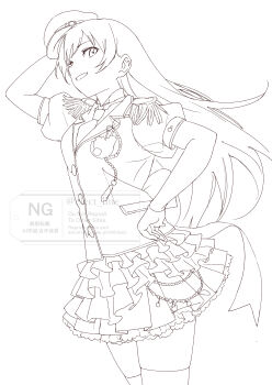 Rule 34 | 1girl, absurdres, collared shirt, commentary request, cowboy shot, fresh fruits parlor (love live!), frilled skirt, frills, greyscale, grin, highres, inazuma (elect line), jacket, lineart, looking at viewer, love live!, love live! school idol festival, love live! school idol project, miniskirt, monochrome, necktie, pleated skirt, puffy short sleeves, puffy sleeves, shirt, short-sleeved jacket, short sleeves, simple background, skirt, smile, solo, sonoda umi, thighhighs, white background, zettai ryouiki