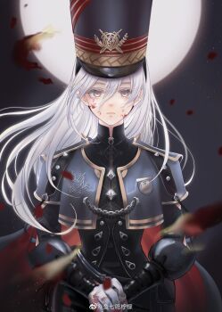 1girl absurdres baton_(weapon) black_hat black_shirt blood blood_on_face breast_pocket buttons cape chain chinese_commentary closed_mouth collared_shirt commentary_request cowboy_shot crest diamond_button expressionless eyelashes full_moon glint_in_the_night_(shining_nikki) gloves grey_jacket hair_between_eyes hat high_collar highres holding holding_baton_(weapon) holding_weapon jacket layered_sleeves light_frown long_hair long_hair_between_eyes long_sleeves military_uniform moon night nikki_(series) open_clothes open_jacket outdoors pink_eyes pocket red_cape shako_cap shining_nikki shirt short_over_long_sleeves short_sleeves sky sleeve_cuffs solo standing star_(sky) starry_sky straight-on two-sided_cape two-sided_fabric weapon white_gloves white_hair wind xiaoyu_qixing