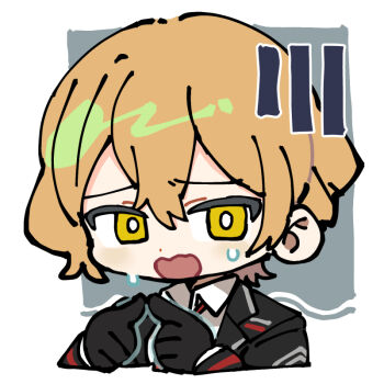 Rule 34 | 1boy, black coat, black gloves, blonde hair, coat, collared shirt, gloom (expression), gloves, index finger raised, lapels, limbus company, notched lapels, open mouth, pinch (nesume), project moon, shirt, sinclair (project moon), solo, sweat, white shirt, yellow eyes