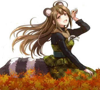 1girl absurdres ahoge animal_ears brown_eyes brown_hair green_nails highres idolmaster idolmaster_shiny_colors kuwayama_chiyuki leaf long_hair long_sleeves maple_leaf nail_polish open_mouth raccoon_ears raccoon_tail reference_work sitting solo tail tanakara white_background