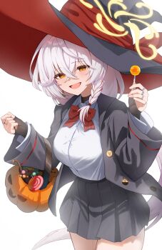 1girl :d absurdres basket black_hat black_jacket black_skirt blue_archive blush bow bowtie braid breasts candy collared_shirt cowboy_shot diagonal-striped_bow diagonal-striped_bowtie diagonal-striped_clothes eri_(blue_archive) food hair_between_eyes halo hat hat_bow highres holding holding_basket holding_candy holding_food holding_lollipop jack-o'-lantern jacket jewelry large_breasts lollipop long_hair long_sleeves looking_at_viewer multiple_rings open_clothes open_jacket open_mouth pleated_skirt red_bow red_hat red_streaks ring seori_0u0 shirt side_halo simple_background skirt smile solo striped_bow striped_bowtie striped_clothes tilted_halo unbuttoned_jacket w_arms white_background white_hair white_shirt witch_hat yellow_halo