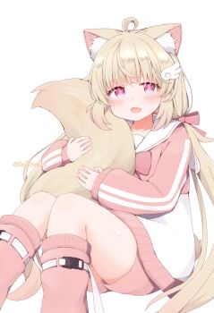 1girl ahoge animal_ears blonde_hair blunt_bangs cat_ears cat_girl cat_tail chiffon_(vrchat) feet_out_of_frame hair_ornament hair_ribbon highres hugging_own_tail hugging_tail leg_warmers light_blush long_hair looking_at_viewer low_twintails open_mouth pink_eyes pink_leg_warmers pink_ribbon pink_track_suit ribbon sailor_collar simple_background sitting smile solo tail track_suit tutsucha_illust twintails twitter_username very_long_hair vrchat white_background white_sailor_collar wing_hair_ornament