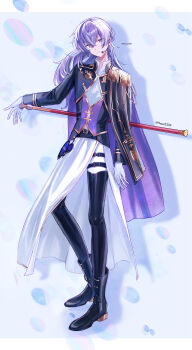 1boy absurdres alternate_costume belt black_belt black_coat black_shoes black_thighhighs blue_background blue_hair coat coat_on_shoulders commentary_request epaulettes full_body gloves gold_trim grey_eyes head_tilt highres hoshirube_sho kumotsu_(9mo2) letterboxed male_focus marching_band_baton microphone multicolored_hair nijisanji nijisanji_idol_uniform overskirt purple_coat purple_hair purple_vest shadow shirt shoes single_epaulette skirt solo streaked_hair thighhighs twitter_username vest virtual_youtuber white_background white_gloves white_shirt white_skirt