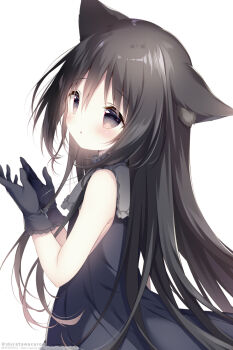 1girl :o animal_ear_fluff animal_ears bare_shoulders black_dress black_gloves black_hair brown_eyes cat_ears commentary dress from_side gloves hair_between_eyes hands_up highres hoshizora_tetsudou_to_shiro_no_tabi looking_to_the_side noir_(hoshishiro) parted_lips shiratama_(shiratamaco) simple_background sleeveless sleeveless_dress solo twitter_username white_background
