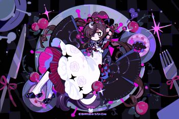 1girl absurdres apron black_shoes bow brown_eyes brown_hair closed_mouth cup food food-themed_hair_ornament fork fruit fruit_hair_ornament full_body hair_ornament highres knife long_hair looking_at_viewer lying maid mini_person minigirl on_back one_eye_covered original pink_bow plate renzhi00334233 shoes socks solo star_(symbol) strawberry white_apron white_socks