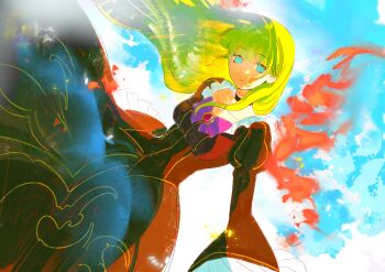 1girl :o absurdres beatrice_(umineko) black_choker blonde_hair blue_eyes blue_sky blunt_bangs bow bowtie brown_dress choker collarbone cowboy_shot dress floating_clothes floating_hair frilled_choker frilled_sleeves frills gem highres looking_at_viewer pink_gemstone puffy_sleeves purple_bow purple_bowtie qiaokelijie sky solo umineko_no_naku_koro_ni wavy_hair wide_sleeves yellow_trim