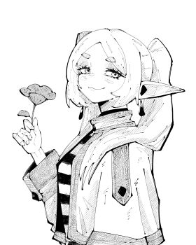 1girl absurdres capelet closed_mouth commentary dress earrings floating_earrings flower frieren from_side greyscale hatching_(texture) highres holding holding_flower jewelry linear_hatching long_hair long_sleeves looking_at_viewer miregeist monochrome parted_bangs pointy_ears simple_background smile smug solo sousou_no_frieren teardrop_earrings twintails upper_body white_background