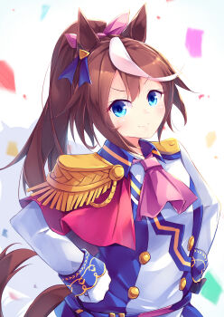 Rule 34 | 1girl, absurdres, animal ears, ascot, asymmetrical gloves, black gloves, blue eyes, blush, bow, breasts, brown hair, buttons, cape, closed mouth, commentary, double-breasted, ear ribbon, epaulettes, gloves, hair between eyes, hands on own hips, high ponytail, highres, horse ears, horse girl, horse tail, jacket, kanzakietc, long hair, long sleeves, looking at viewer, mismatched gloves, multicolored hair, multicolored jacket, pink ascot, ponytail, red cape, single epaulette, skirt, small breasts, smile, solo, streaked hair, tail, tokai teio (peak joy) (umamusume), tokai teio (umamusume), two-tone hair, two-tone jacket, umamusume, white gloves, white hair, white jacket