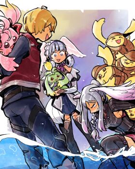 2boys 3girls :3 :d breasts carrying cheppo green_fur grin head_wings helmet juliet_sleeves kino_(xenoblade) long_sleeves medium_breasts melia_antiqua multiple_boys multiple_girls nene_(xenoblade) nintendo nopon open_mouth partially_submerged partially_underwater_shot pink_fur pith_helmet puffy_sleeves shulk_(xenoblade) sidelocks silver_hair smile sweatdrop thighhighs triangle_mouth tyrea_(xenoblade) underwater wading wings xenoblade_chronicles:_future_connected xenoblade_chronicles_(series) xenoblade_chronicles_1 yellow_fur