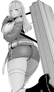 1girl :p ass belt_pouch blush bow bowtie breasts case clash_kuro_neko claw_ring from_behind from_below goddess_of_victory:_nikke greyscale hair_ornament highres jacket jewelry large_breasts long_hair long_sleeves looking_at_viewer looking_back monochrome multiple_rings off-shoulder_jacket off_shoulder pencil_skirt pouch puffy_sleeves ring shirt skirt sleeves_past_wrists solo strap thighhighs tia_(nikke) tongue tongue_out