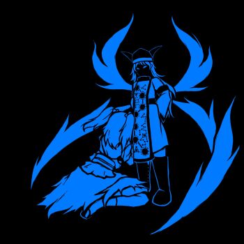 Rule 34 | 2girls, album cover redraw, black background, blue theme, commentary, constellation print, derivative work, english commentary, hair bobbles, hair ornament, hat, highres, long hair, looking at another, matara okina, medium hair, multiple girls, occultonic, onozuka komachi, prostration, sitting, standing, tabard, touhou, twintails, ultrakill, yokozuwari
