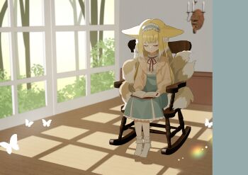 1girl absurdres animal_ears arknights blonde_hair book bug cardigan closed_eyes commentary cross-laced_clothes cross-laced_skirt fox_ears fox_girl fox_tail frilled_hairband frills hairband highres kitsune long_hair long_sleeves neck_ribbon nishimiya_aki official_alternate_costume open_cardigan open_clothes red_ribbon ribbon sitting skirt socks solo suzuran_(arknights) suzuran_(spring_praise)_(arknights) tail yellow_cardigan