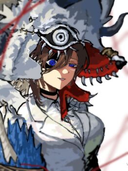 1girl blue_eyes breasts brown_hair choker clockhw commentary_request formal_clothes highres korean_commentary large_breasts limbus_company project_moon rodion_(project_moon) simple_background smile string string_of_fate suit teeth white_background