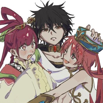 1boy 1girl 2boys androgynous black_hair blush bracer braid brother_and_sister chinese_clothes chinese_hairpin chinese_hat feixianji_(hairstyle) hair_ornament hair_rings hanfu headpat jewelry judal long_hair magi_the_labyrinth_of_magic male_focus multiple_boys neck_ring one_eye_closed open_mouth pink_eyes pink_hair red_eyes red_hair ren_kougyoku ren_kouha siblings simple_background smile split_ponytail trap umeki_me upper_body vest white_background