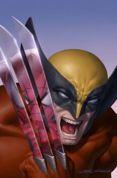 2boys blue_background bodysuit brown_bodysuit brown_gloves claw_(weapon) comic_cover commentary cowl english_commentary facial_hair gloves highres looking_at_viewer male_focus marvel multiple_boys muscular muscular_male no_pupils official_art open_mouth red_bodysuit reflection reflection_focus saliva saliva_trail signature spider-man spider-man_(series) spider_web_print stubble superhero_costume teeth tongue upper_body weapon wolverine_(x-men) x-men yoon_junggeun