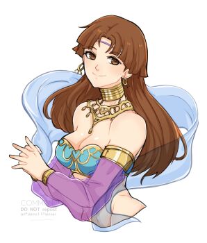 Rule 34 | 1girl, bandeau, bare shoulders, breasts, brown eyes, brown hair, cleavage, commentary, cropped torso, detached sleeves, earrings, groin, highres, jewelry, long hair, long sleeves, looking at viewer, medium breasts, midriff, navel, neck ring, necklace, own hands together, plum (tear ring saga), see-through clothes, see-through sleeves, sierra117renner, simple background, smile, solo, strapless, tear ring saga, tube top, upper body, very long hair, white background