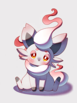 absurdres blush bright_pupils commentary_request full_body grey_background head_tilt highres hisuian_zorua looking_at_viewer nintendo no_humans pokemon pokemon_(creature) pokemon_focus red_eyes rlngo_juice sitting solo white_pupils