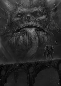 1boy 1other abezver absurdres adeptus_astartes armor banner bolter bridge bug chaos_(warhammer) commentary demon demon_horns drooling eldritch_abomination english_commentary fly full_armor gauntlets giant giant_monster glowing glowing_eyes great_unclean_one greyscale gun highres holding holding_gun holding_weapon horns imperium_of_man insect long_tongue male_focus monochrome monster mouth_drool multiple_horns open_mouth pauldrons power_armor power_suit saliva science_fiction servo-skull sharp_teeth shoulder_armor space_marine teeth tongue tongue_out ultramarines warhammer_40k weapon