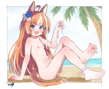 1girl absurdres akikawa_yayoi_(umamusume) animal_ears barefoot beach blue_eyes boppin breasts feet flower hair_flower hair_ornament highres horse_ears horse_girl horse_tail loli long_hair looking_at_viewer multicolored_hair nipples orange_hair pee peeing single_sock small_breasts socks soles solo tail toes umamusume white_socks