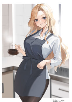 1girl absurdres alternate_costume apron black_apron black_pantyhose blonde_hair blue_eyes blurry blurry_background breasts coffee coffee_pot collared_shirt commentary_request dimos_(dawn_1945) highres holding hornet_(kancolle) hornet_(osechi)_(kancolle) indoors jewelry kantai_collection large_breasts long_hair looking_at_viewer pantyhose ring shirt solo steam twitter_username wedding_ring white_shirt