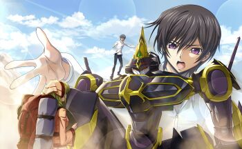 1boy 1girl artist_request black_hair c.c. code_geass code_geass:_fukkatsu_no_lelouch code_geass:_lost_stories game_cg gekkouei_sui green_hair highres knightmare_frame lelouch_vi_britannia long_hair mecha non-web_source official_art purple_eyes robot short_hair yellow_eyes