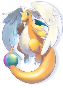 claws closed_mouth creature creature_focus dragon dragonite gen_1_pokemon green_eyes head_wings highres horns looking_at_viewer mega_dragonite mega_pokemon nintendo nnnemda no_humans pokemon pokemon_(creature) pokemon_focus single_horn smile wings